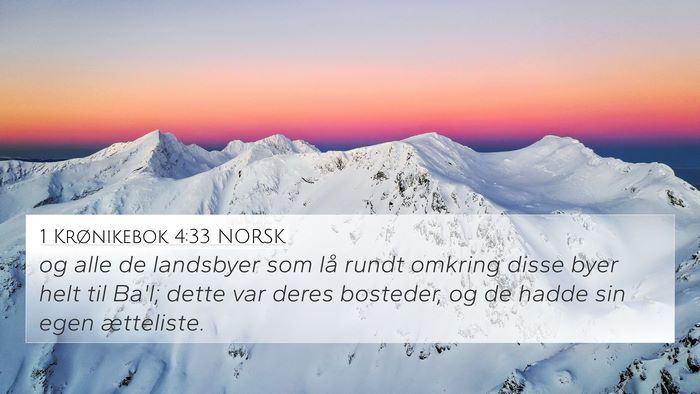 1 Krønikebok 4:33 NORSK 4K Wallpaper - og alle de landsbyer som lå rundt omkring disse - 4K Wallpaper Bible Verse