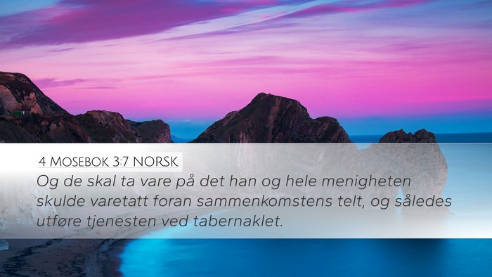 4 Mosebok 3:7 NORSK Desktop Wallpaper - Og de skal ta vare på det han og hele menigheten - Desktop Bible Verse Wallpaper