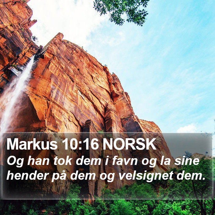 Markus 10:16 NORSK - Og han tok dem i favn og la sine hender på dem