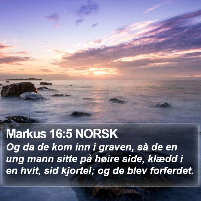 Markus 16:5 NORSK - Og da de kom inn i graven, så de en ung mann
