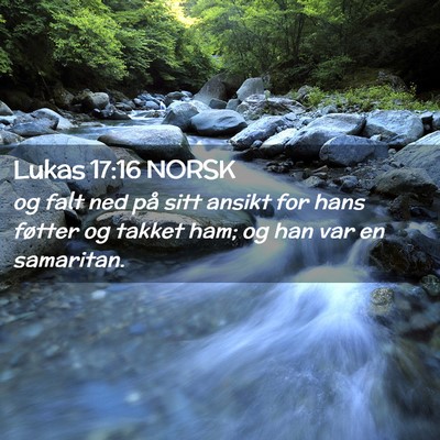 Picture 02 - Lukas 17:16 NORSK - og falt ned på sitt ansikt for hans føtter og - Bible Verse Picture