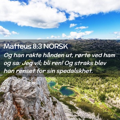 Picture 02 - Matteus 8:3 NORSK - Og han rakte hånden ut, rørte ved ham og sa: - Bible Verse Picture
