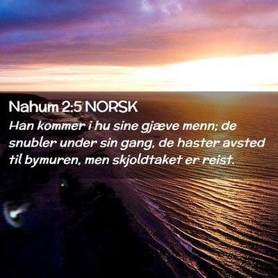 Picture 02 - Nahum 2:5 NORSK - Han kommer i hu sine gjæve menn; de snubler - Bible Verse Picture