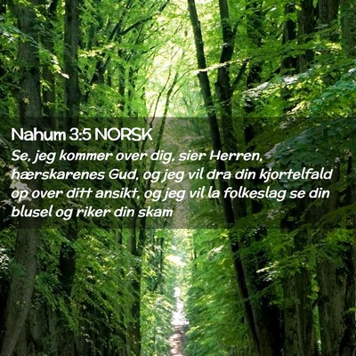 Picture 02 - Nahum 3:5 NORSK - Se, jeg kommer over dig, sier Herren, - Bible Verse Picture