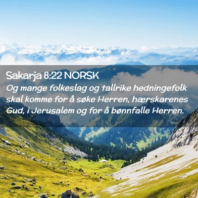 Picture 02 - Sakarja 8:22 NORSK - Og mange folkeslag og tallrike hedningefolk skal - Bible Verse Picture