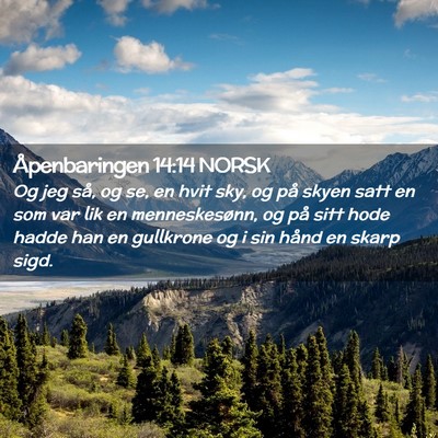 Picture 02 - Åpenbaringen 14:14 NORSK - Og jeg så, og se, en hvit sky, og på skyen satt - Bible Verse Picture
