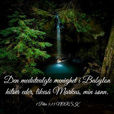 Picture 03 - 1 Peter 5:13 NORSK - Den medutvalgte menighet i Babylon hilser eder, - Bible Verse Picture