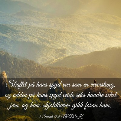 Picture 03 - 1 Samuel 17:7 NORSK - Skaftet på hans spyd var som en veverstang, og - Bible Verse Picture