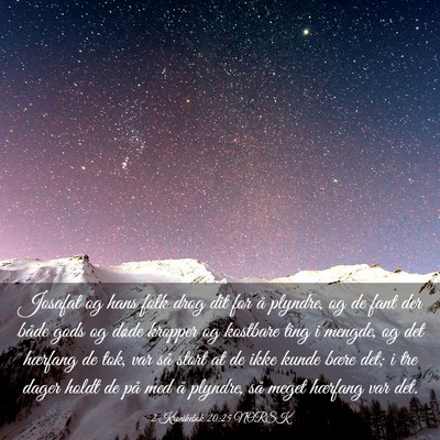 Picture 03 - 2 Krønikebok 20:25 NORSK - Josafat og hans folk drog dit for å plyndre, og - Bible Verse Picture