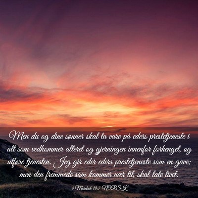 Picture 03 - 4 Mosebok 18:7 NORSK - Men du og dine sønner skal ta vare på eders - Bible Verse Picture