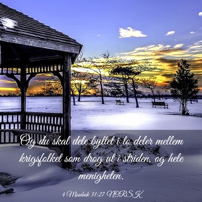 Picture 03 - 4 Mosebok 31:27 NORSK - Og du skal dele byttet i to deler mellem - Bible Verse Picture
