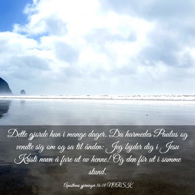 Picture 03 - Apostlenes gjerninger 16:18 NORSK - Dette gjorde hun i mange dager. Da harmedes - Bible Verse Picture