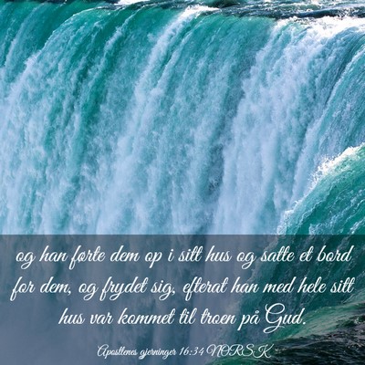 Picture 03 - Apostlenes gjerninger 16:34 NORSK - og han førte dem op i sitt hus og satte et bord - Bible Verse Picture