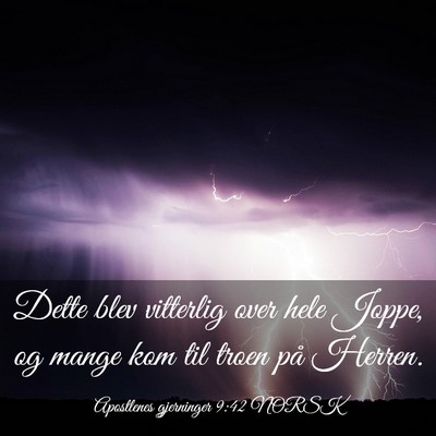Picture 03 - Apostlenes gjerninger 9:42 NORSK - Dette blev vitterlig over hele Joppe, og mange - Bible Verse Picture