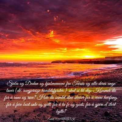 Picture 03 - Esekiel 38:13 NORSK - Sjeba og Dedan og kjøbmennene fra Tarsis og alle - Bible Verse Picture