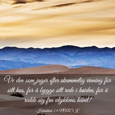 Picture 03 - Habakkuk 2:9 NORSK - Ve den som jager efter skammelig vinning for sitt - Bible Verse Picture