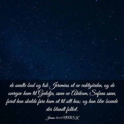 Picture 03 - Jeremia 39:14 NORSK - de sendte bud og tok Jeremias ut av vaktgården, - Bible Verse Picture