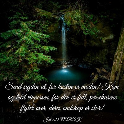 Picture 03 - Joel 3:13 NORSK - Send sigden ut, for høsten er moden! Kom og tred - Bible Verse Picture
