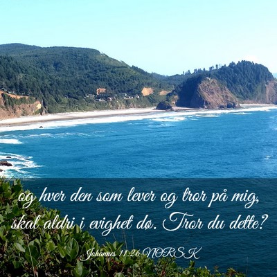 Picture 03 - Johannes 11:26 NORSK - og hver den som lever og tror på mig, skal aldri - Bible Verse Picture