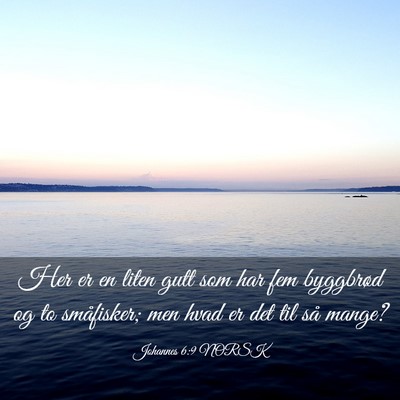 Picture 03 - Johannes 6:9 NORSK - Her er en liten gutt som har fem byggbrød og to - Bible Verse Picture