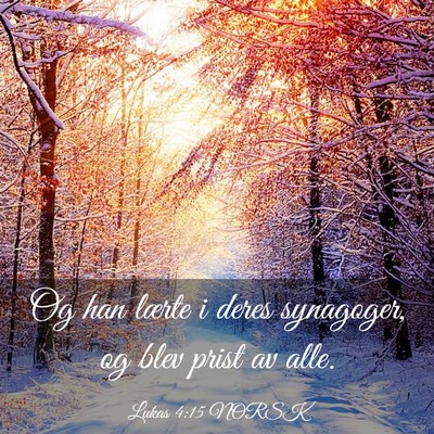Picture 03 - Lukas 4:15 NORSK - Og han lærte i deres synagoger, og blev prist av - Bible Verse Picture