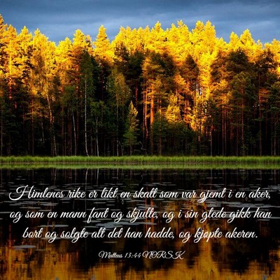 Picture 03 - Matteus 13:44 NORSK - Himlenes rike er likt en skatt som var gjemt i en - Bible Verse Picture