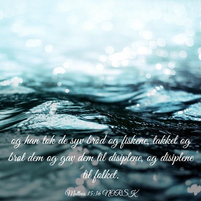 Picture 03 - Matteus 15:36 NORSK - og han tok de syv brød og fiskene, takket og - Bible Verse Picture