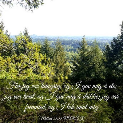 Picture 03 - Matteus 25:35 NORSK - For jeg var hungrig, og I gav mig å ete; jeg var - Bible Verse Picture