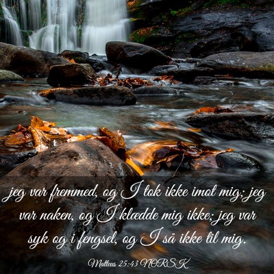Picture 03 - Matteus 25:43 NORSK - jeg var fremmed, og I tok ikke imot mig; jeg var - Bible Verse Picture
