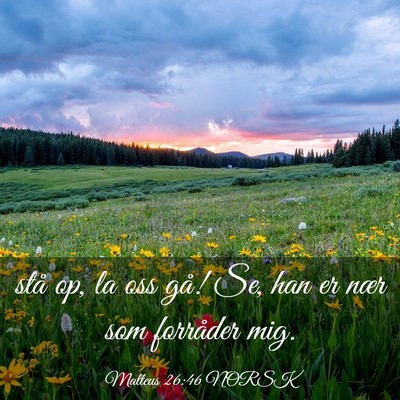 Picture 03 - Matteus 26:46 NORSK - stå op, la oss gå! Se, han er nær som - Bible Verse Picture