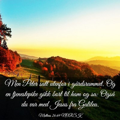 Picture 03 - Matteus 26:69 NORSK - Men Peter satt utenfor i gårdsrummet. Og en - Bible Verse Picture