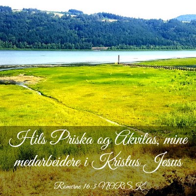 Picture 03 - Romerne 16:3 NORSK - Hils Priska og Akvilas, mine medarbeidere i - Bible Verse Picture