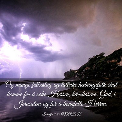 Picture 03 - Sakarja 8:22 NORSK - Og mange folkeslag og tallrike hedningefolk skal - Bible Verse Picture