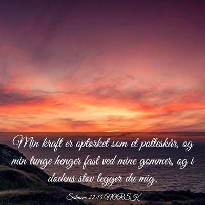 Picture 03 - Salmene 22:15 NORSK - Min kraft er optørket som et potteskår, og min - Bible Verse Picture
