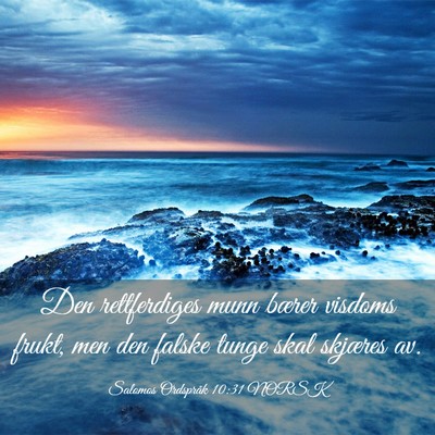 Picture 03 - Salomos Ordspråk 10:31 NORSK - Den rettferdiges munn bærer visdoms frukt, men - Bible Verse Picture
