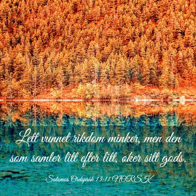 Picture 03 - Salomos Ordspråk 13:11 NORSK - Lett vunnet rikdom minker, men den som samler - Bible Verse Picture