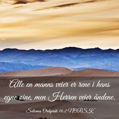 Picture 03 - Salomos Ordspråk 16:2 NORSK - Alle en manns veier er rene i hans egne øine, - Bible Verse Picture