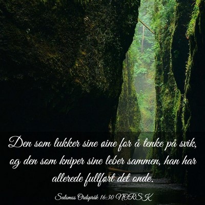 Picture 03 - Salomos Ordspråk 16:30 NORSK - Den som lukker sine øine for å tenke på svik, - Bible Verse Picture