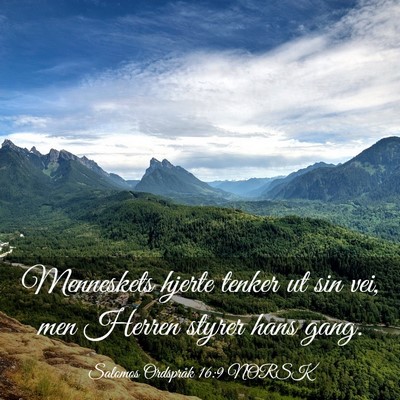 Picture 03 - Salomos Ordspråk 16:9 NORSK - Menneskets hjerte tenker ut sin vei, men Herren - Bible Verse Picture
