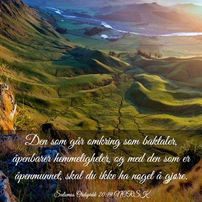 Picture 03 - Salomos Ordspråk 20:19 NORSK - Den som går omkring som baktaler, åpenbarer - Bible Verse Picture