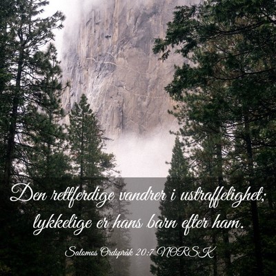 Picture 03 - Salomos Ordspråk 20:7 NORSK - Den rettferdige vandrer i ustraffelighet; - Bible Verse Picture