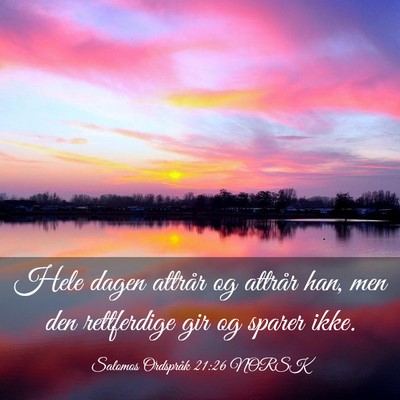Picture 03 - Salomos Ordspråk 21:26 NORSK - Hele dagen attrår og attrår han, men den - Bible Verse Picture