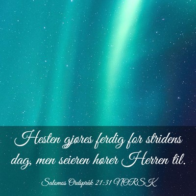 Picture 03 - Salomos Ordspråk 21:31 NORSK - Hesten gjøres ferdig for stridens dag, men - Bible Verse Picture