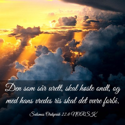 Picture 03 - Salomos Ordspråk 22:8 NORSK - Den som sår urett, skal høste ondt, og med hans - Bible Verse Picture