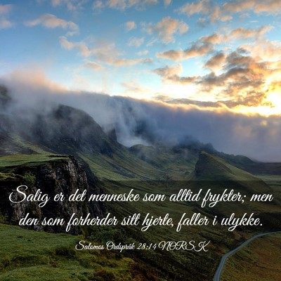 Picture 03 - Salomos Ordspråk 28:14 NORSK - Salig er det menneske som alltid frykter; men den - Bible Verse Picture