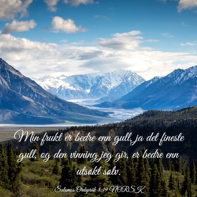 Picture 03 - Salomos Ordspråk 8:19 NORSK - Min frukt er bedre enn gull, ja det fineste gull, - Bible Verse Picture