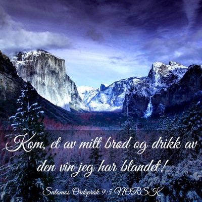 Picture 03 - Salomos Ordspråk 9:5 NORSK - Kom, et av mitt brød og drikk av den vin jeg har - Bible Verse Picture