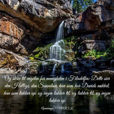 Picture 03 - Åpenbaringen 3:7 NORSK - Og skriv til engelen for menigheten i Filadelfia: - Bible Verse Picture