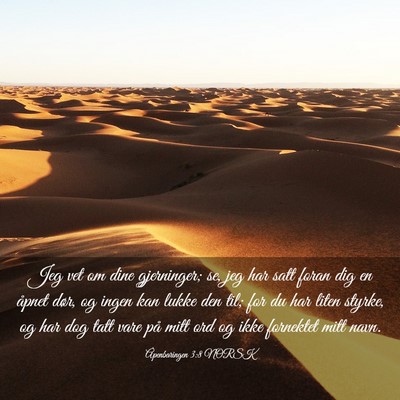 Picture 03 - Åpenbaringen 3:8 NORSK - Jeg vet om dine gjerninger; se, jeg har satt - Bible Verse Picture