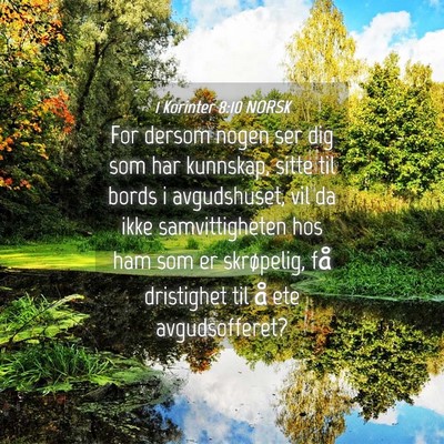 Picture 04 - 1 Korinter 8:10 NORSK - For dersom nogen ser dig som har kunnskap, sitte - Bible Verse Picture